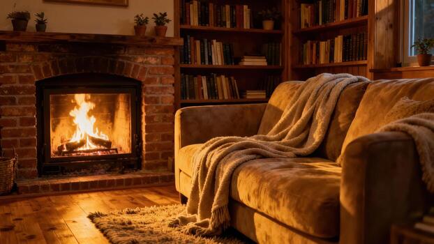 Warm living room with a soft lamp, blanket and an open book
